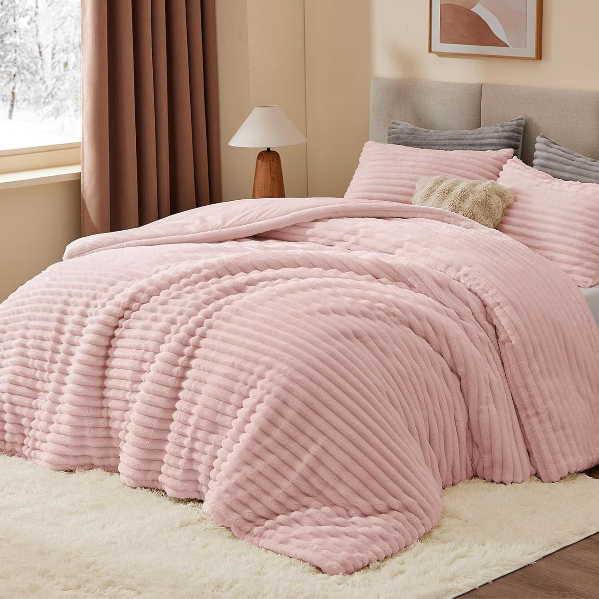 BEDELITE Fleece Queen Comforter Set, Fluffy Bed Set, Pink