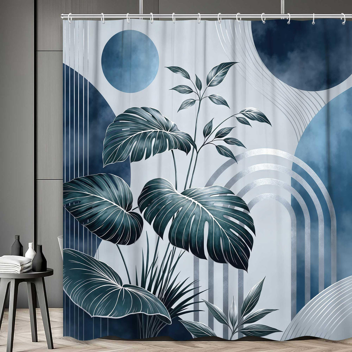 Bondjos Abstract Geometric Botanical Shower Curtain Mid Century Boho Tropical Gold Geometric Monstera Leaf Modern Minimalist Bathroom Curtain Modern Aesthetic Bath Accessories Art Home Decor