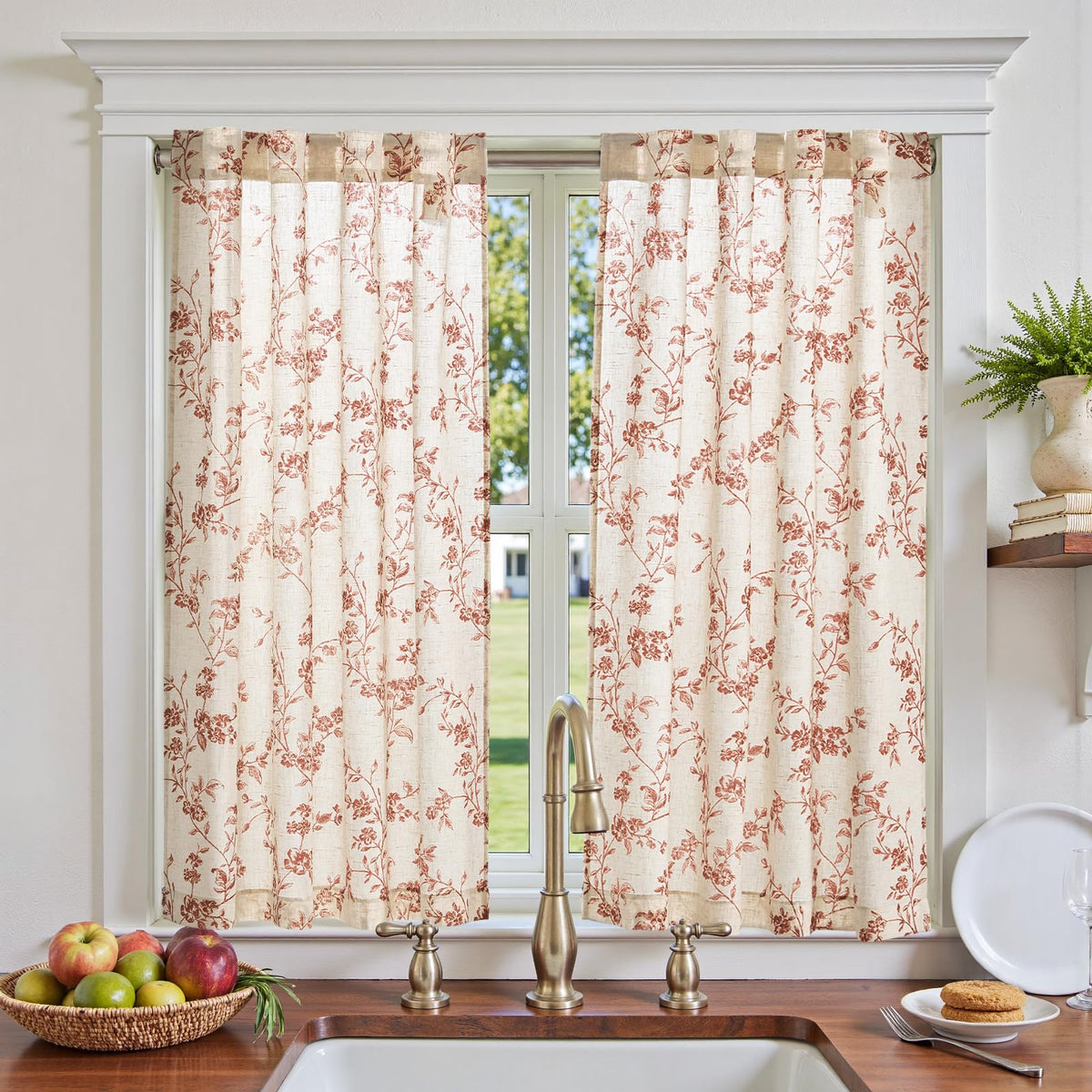 jinchan Floral Linen Kitchen Tier Curtains, 24 Inch, 2 Panels, Green