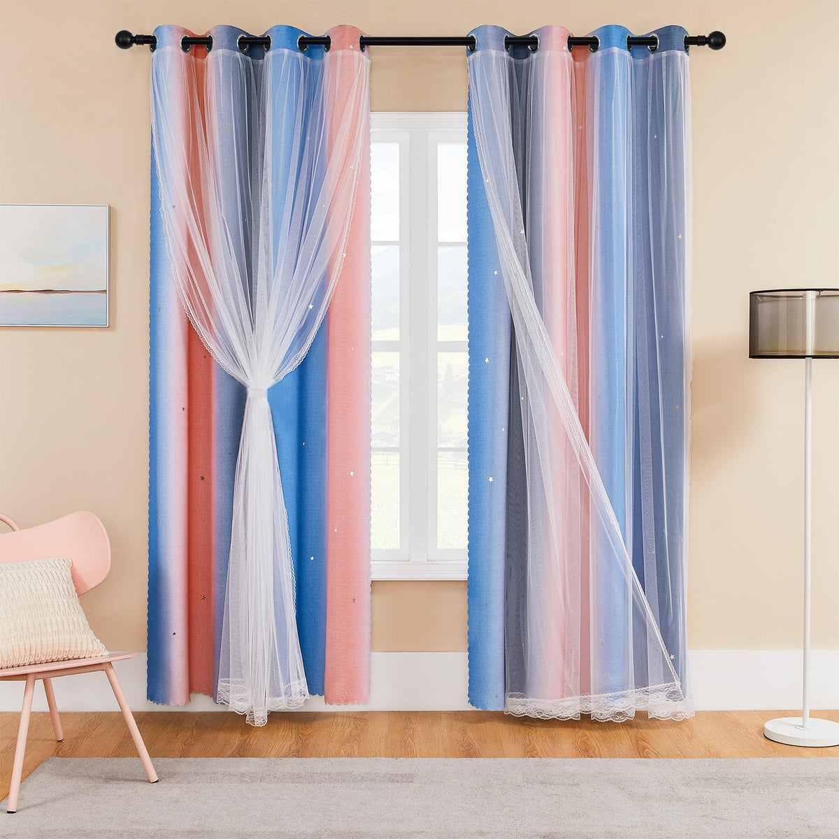 XiDi Blackout Curtains for Girls Bedroom Decor Pink Kids Rainbow Curtains