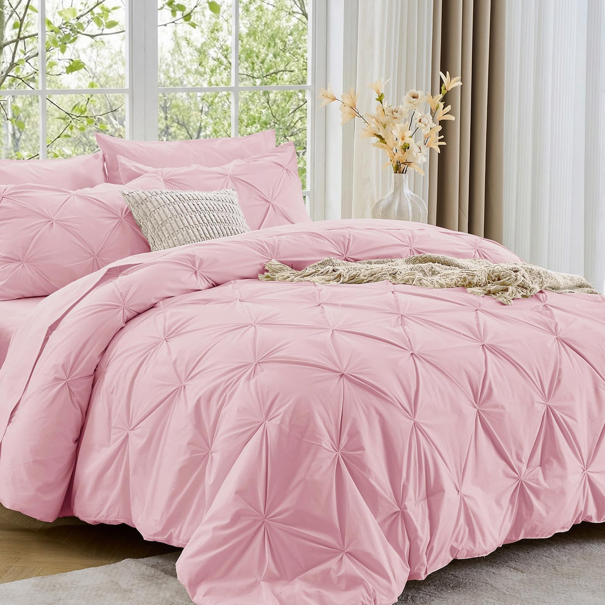 Sasttie Full Size Comforter Set, 7-Piece Bed in a Bag Double, Pintuck Bedding Set for All Season, Includes Comforter, Flat Sheet, Fitted Sheet, Pillowcases and Pillowshams, Beige