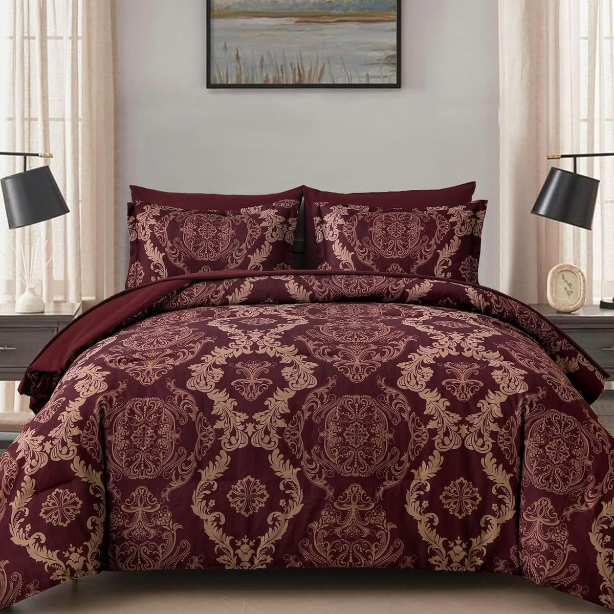 WONGS BEDDING Black Comforter Set Queen Size, Gold Damask Texture 7 Pieces Bed in a Bag Microfiber Comforter Bedding Sets -1 Comforter, 1 Flat Sheet, 1 Fitted Sheet, 2 Pillow Shams, 2 Pillowcases