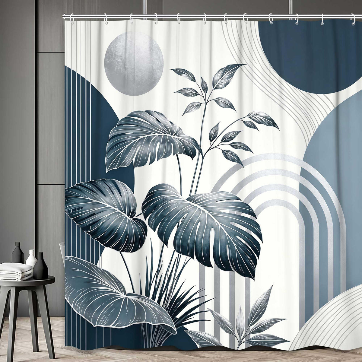 Bondjos Abstract Geometric Botanical Shower Curtain Mid Century Boho Tropical Gold Geometric Monstera Leaf Modern Minimalist Bathroom Curtain Modern Aesthetic Bath Accessories Art Home Decor