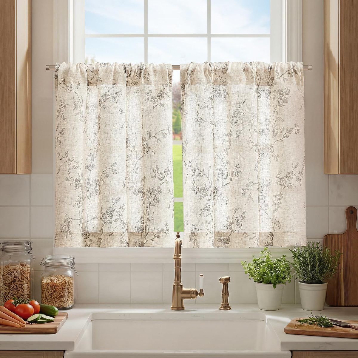 jinchan Floral Linen Kitchen Tier Curtains, 24 Inch, 2 Panels, Green