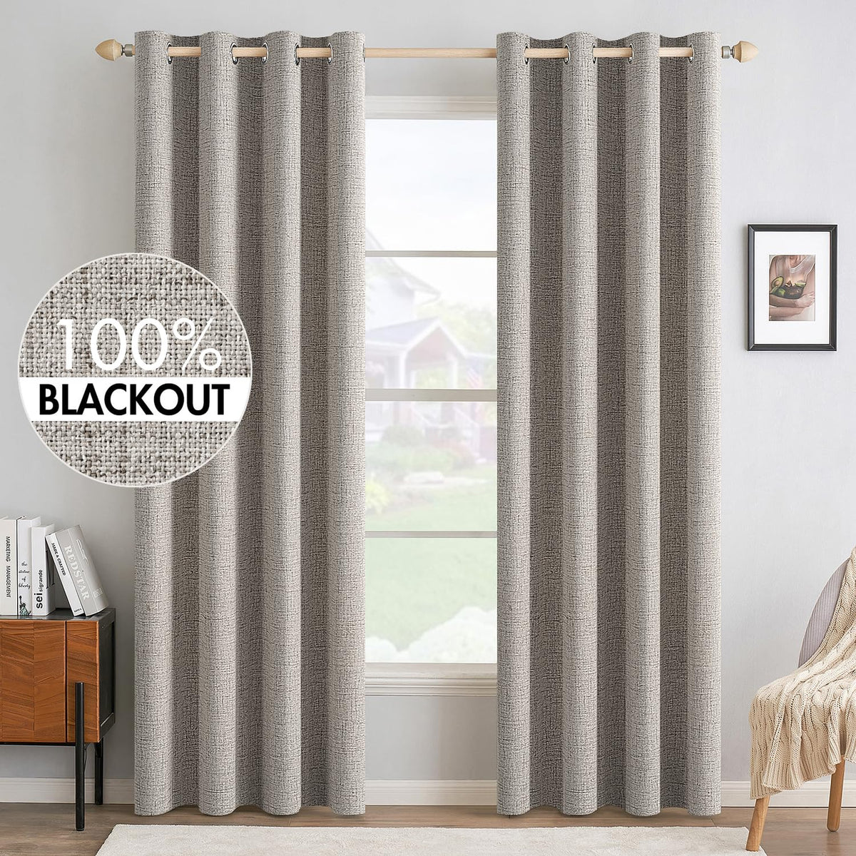 MIULEE 100% Blackout Linen Curtains for Bedroom 52x90 Inches Natural Beige