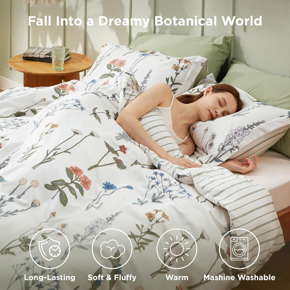 Bedsure Floral Queen Comforter Set, White Soft & Fluffy Fall Bedding 3 Pcs
