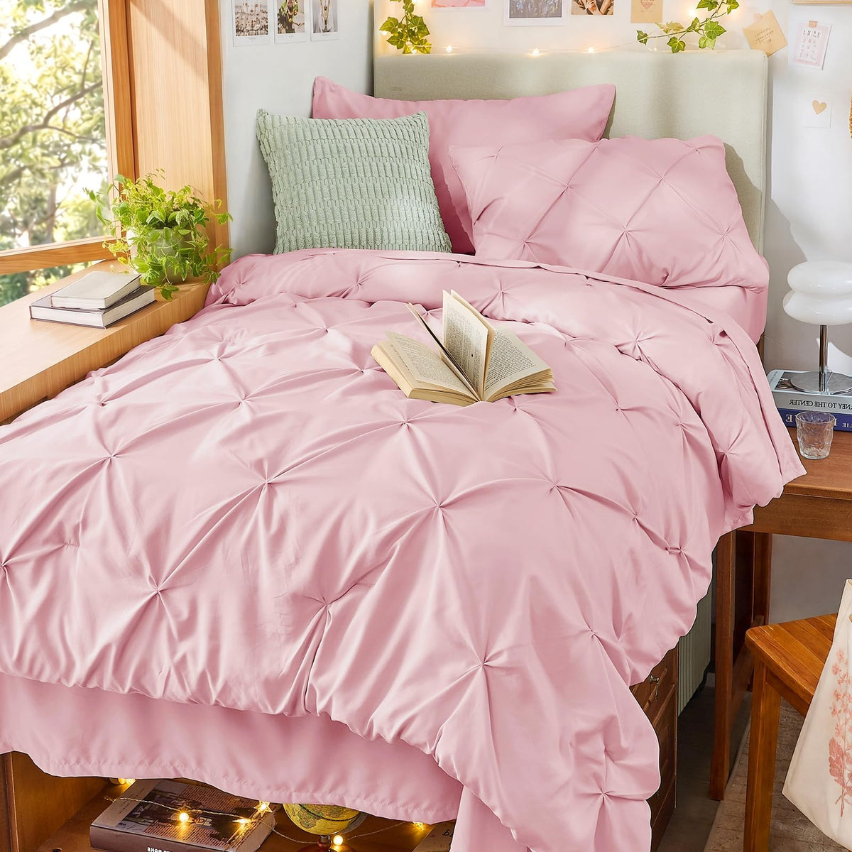 Sasttie Full Size Comforter Set, 7-Piece Bed in a Bag Double, Pintuck Bedding Set for All Season, Includes Comforter, Flat Sheet, Fitted Sheet, Pillowcases and Pillowshams, Beige