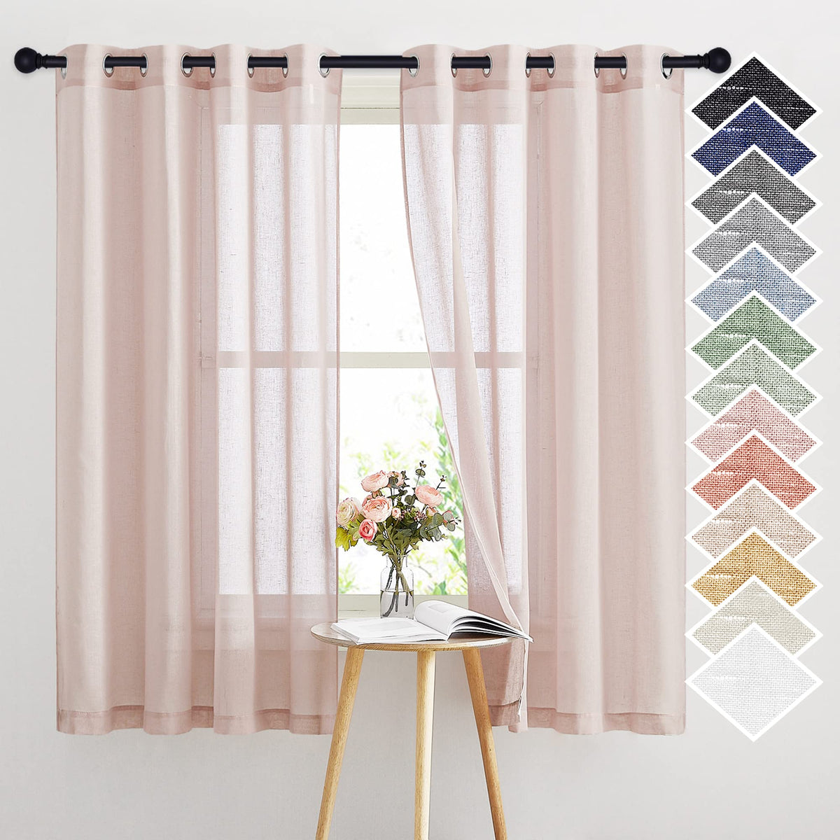NICETOWN Semi Sheer Linen Ivory Curtains for Bedroom, W52xL84, 2 Panels