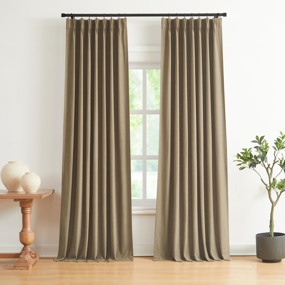 Vision Home Natural Pinch Pleated Full Blackout Curtains Linen Blended Room Darkening Window Curtains 95 inch for Living Room Bedroom Thermal Insulated Pinch Pleat Drapes with Hooks 2 Panel 40"Wx95"L