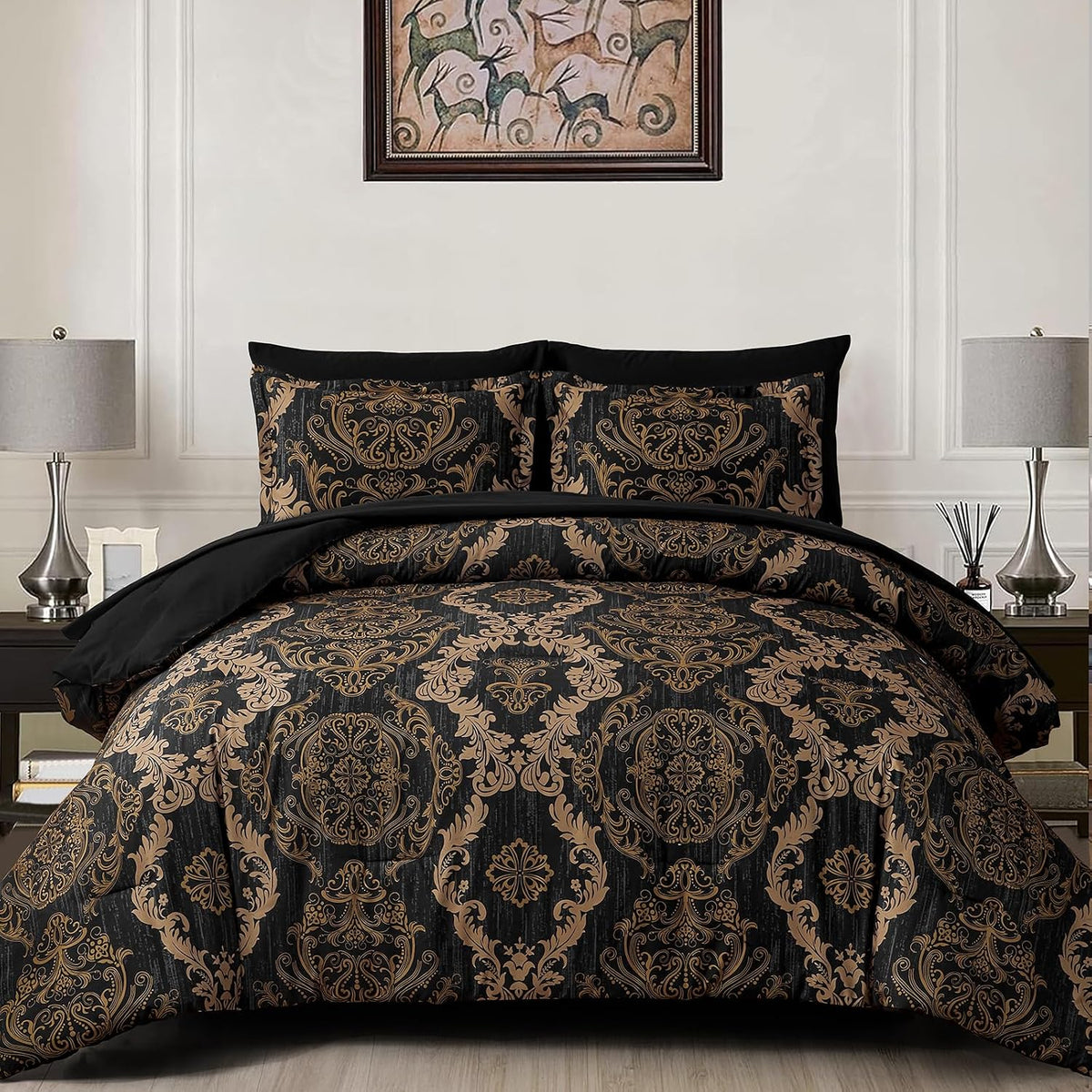 WONGS BEDDING Black Comforter Set Queen Size, Gold Damask Texture 7 Pieces Bed in a Bag Microfiber Comforter Bedding Sets -1 Comforter, 1 Flat Sheet, 1 Fitted Sheet, 2 Pillow Shams, 2 Pillowcases