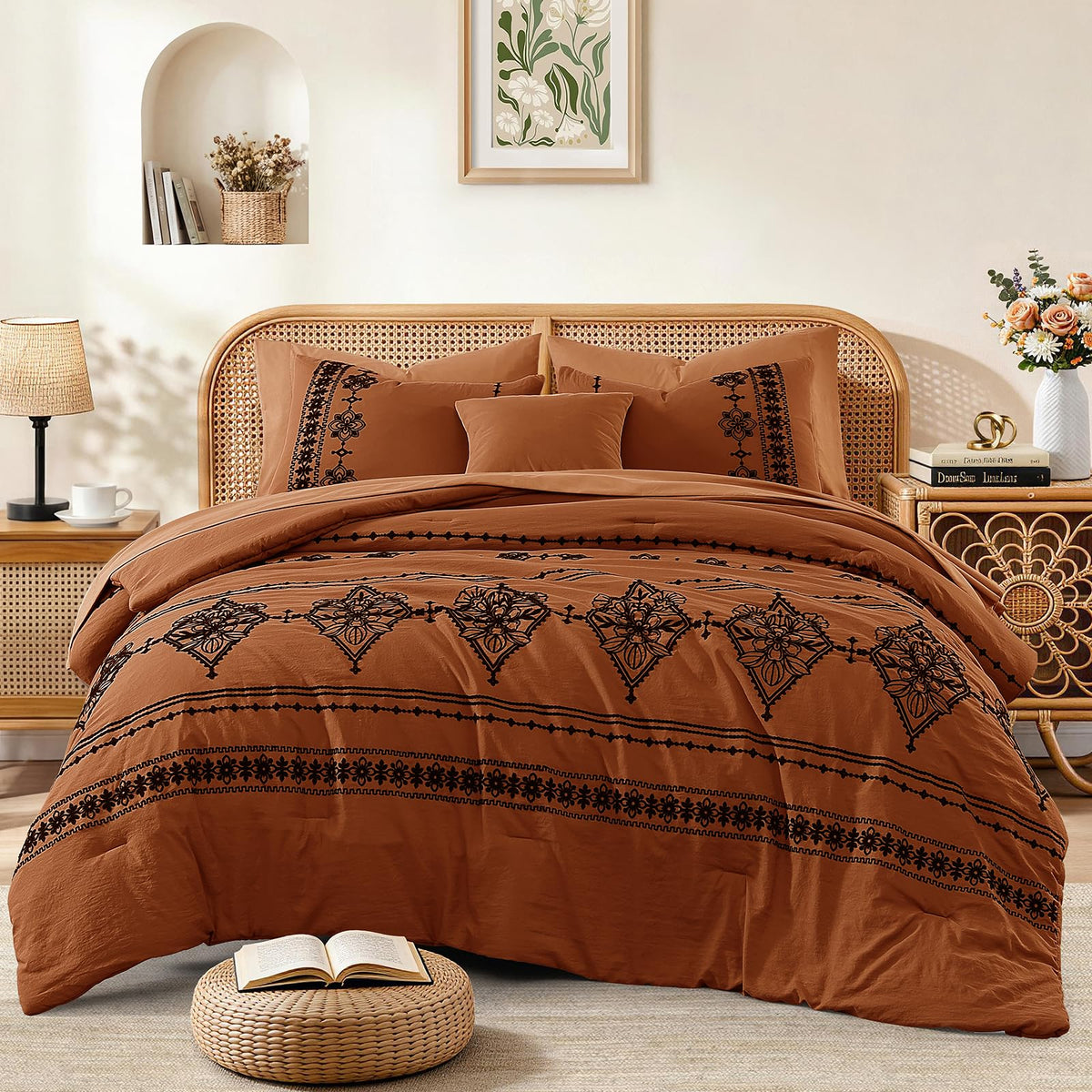 MaiRêve Embroidery Queen Comforter Set 7 Pieces Burnt Orange Bed in a Bag
