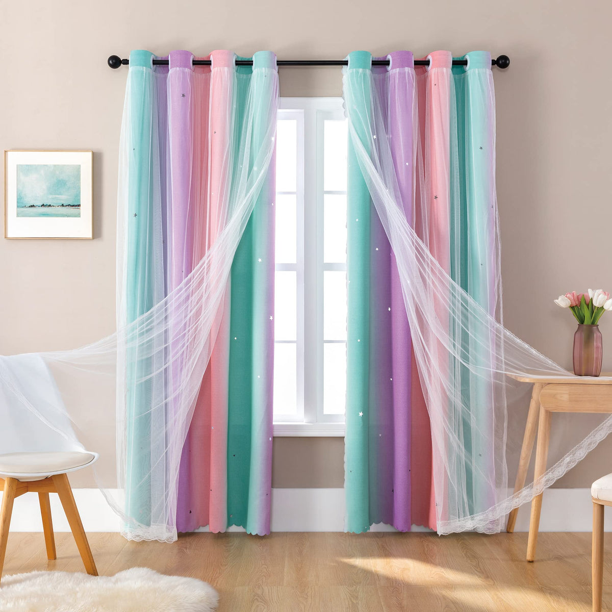 XiDi Blackout Curtains for Girls Bedroom Decor Pink Kids Rainbow Curtains