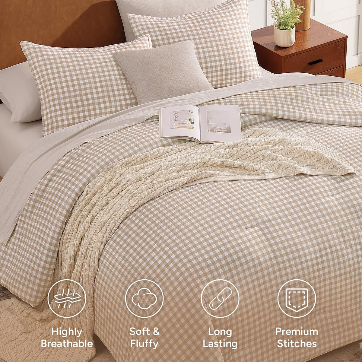 Andency Tan Gingham Comforter Set Twin, Brown Checkered Grid Plaid Bedding
