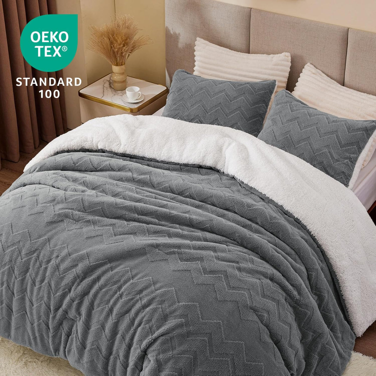 BEDELITE Fluffy Sherpa Queen Comforter Set,Grey