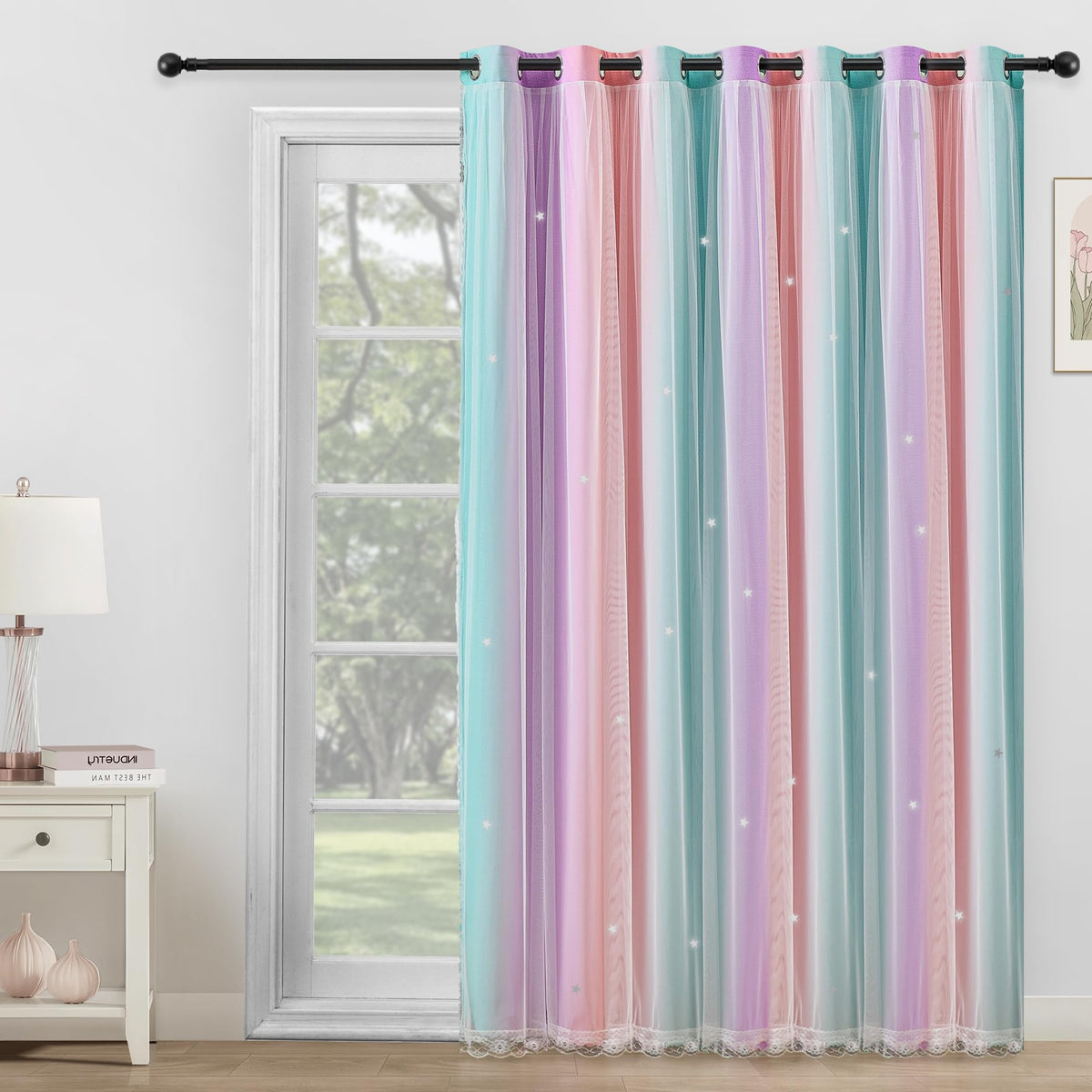 XiDi Blackout Curtains for Girls Bedroom Decor Pink Kids Rainbow Curtains