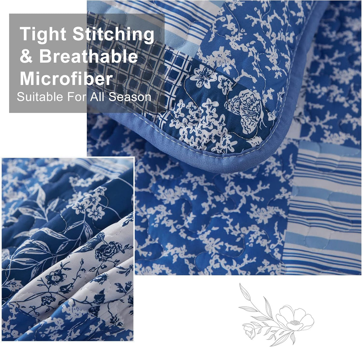 Mybedsoul Boho Quilts Queen Size, Patchwork Floral Bedding Set, Blue