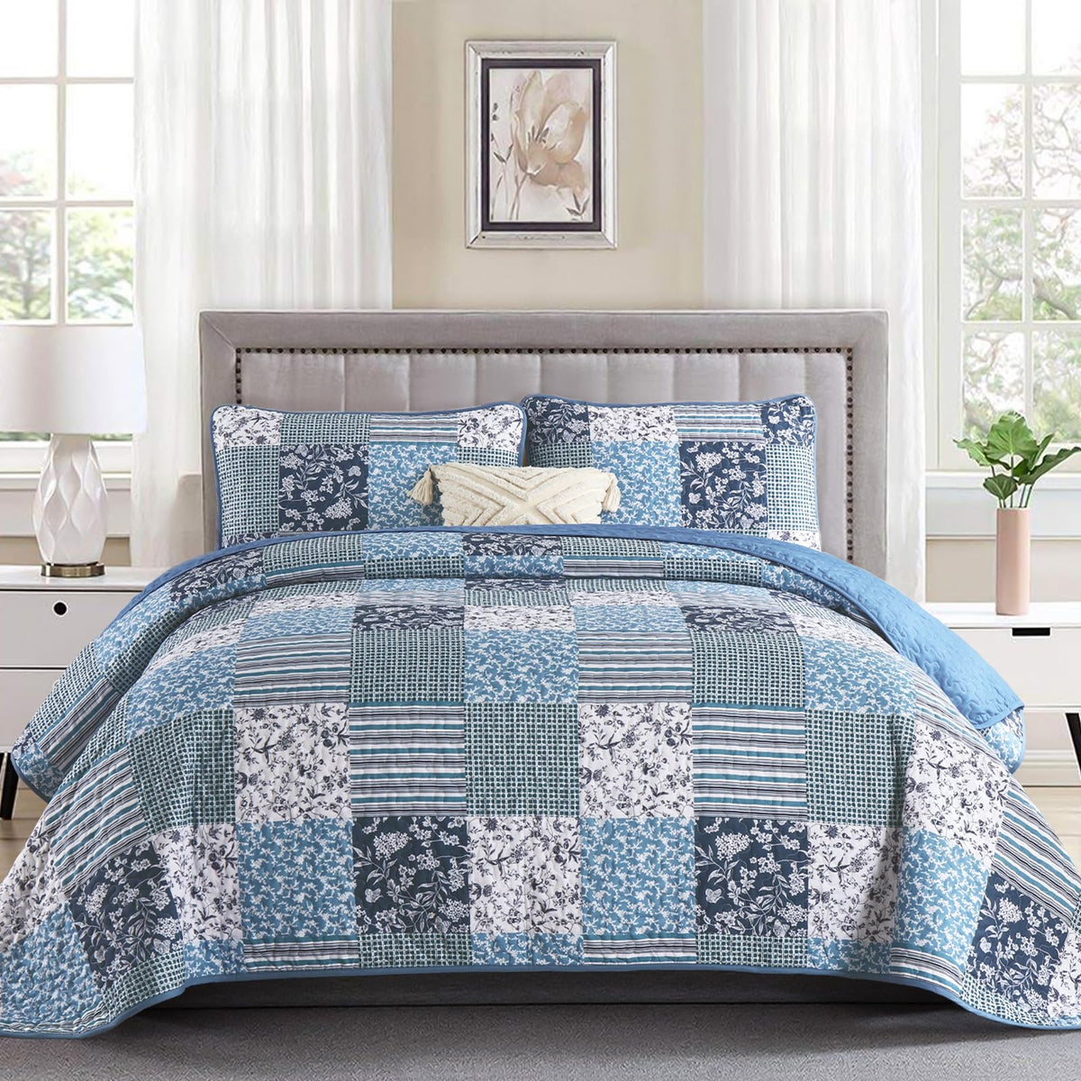 Mybedsoul Boho Quilts Queen Size, Patchwork Floral Bedding Set, Blue