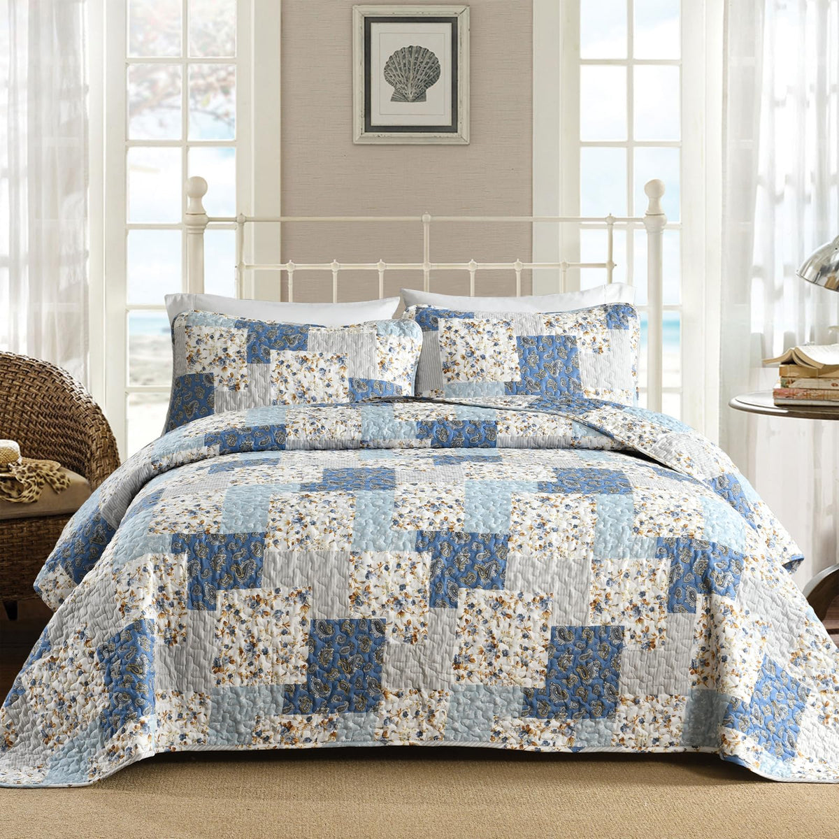 Mybedsoul Boho Quilts Queen Size, Patchwork Floral Bedding Set, Blue