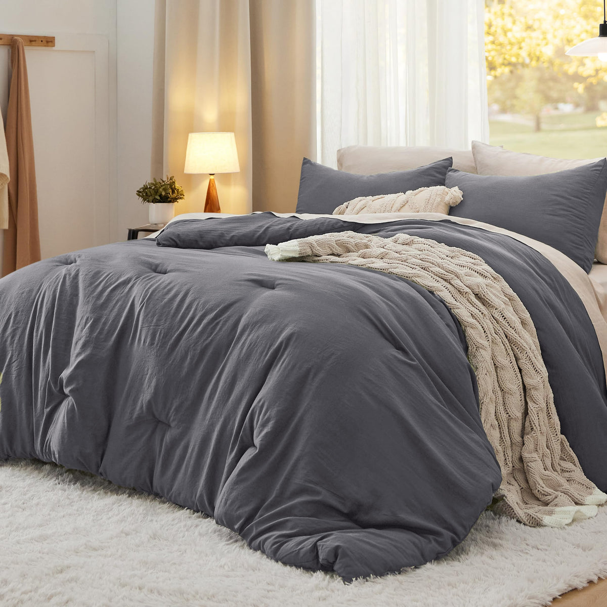 Bedsure Queen Comforter Set Prewashed Soft Bedding Set 3Pcs Cream 90"x90"