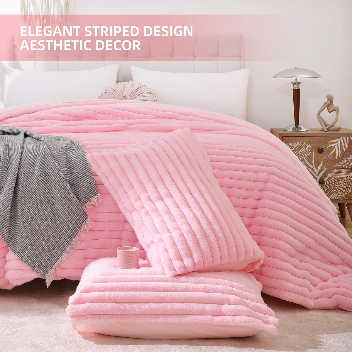 Smoofy Fluffy Queen Size Comforter 3 PCS - Pink Fleece Bedding Set