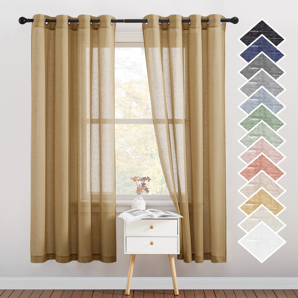 NICETOWN Semi Sheer Linen Ivory Curtains for Bedroom, W52xL84, 2 Panels