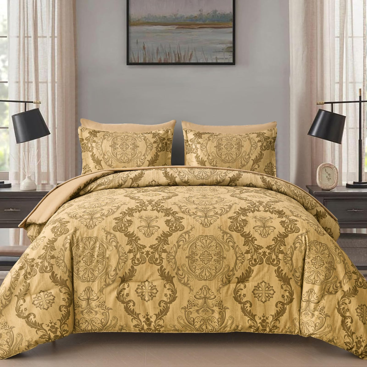 WONGS BEDDING Black Comforter Set Queen Size, Gold Damask Texture 7 Pieces Bed in a Bag Microfiber Comforter Bedding Sets -1 Comforter, 1 Flat Sheet, 1 Fitted Sheet, 2 Pillow Shams, 2 Pillowcases
