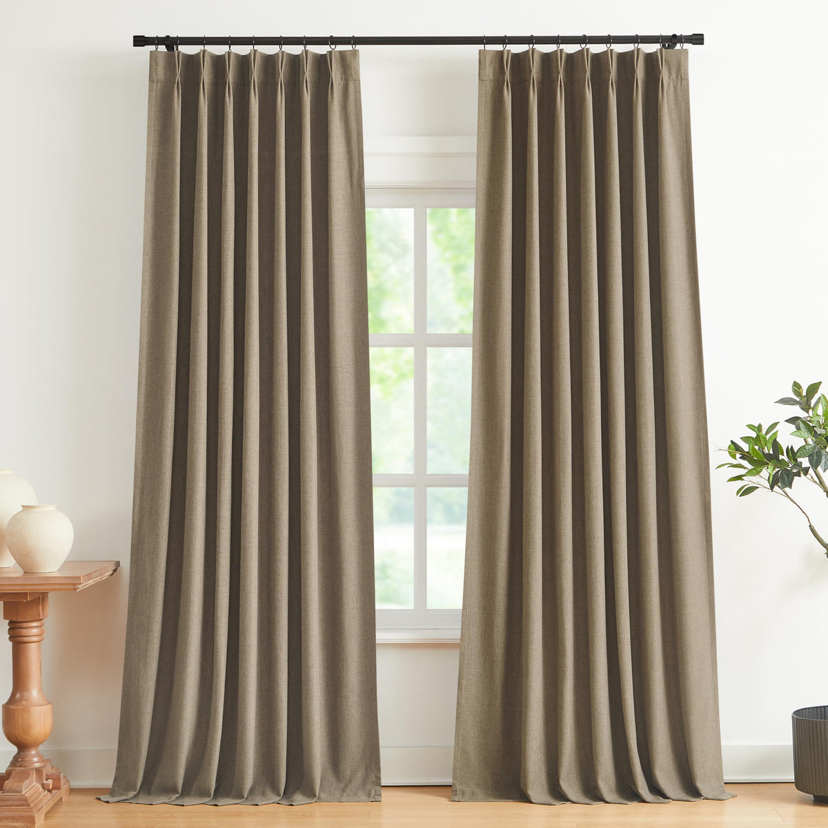 Vision Home Natural Pinch Pleated Full Blackout Curtains Linen Blended Room Darkening Window Curtains 95 inch for Living Room Bedroom Thermal Insulated Pinch Pleat Drapes with Hooks 2 Panel 40"Wx95"L