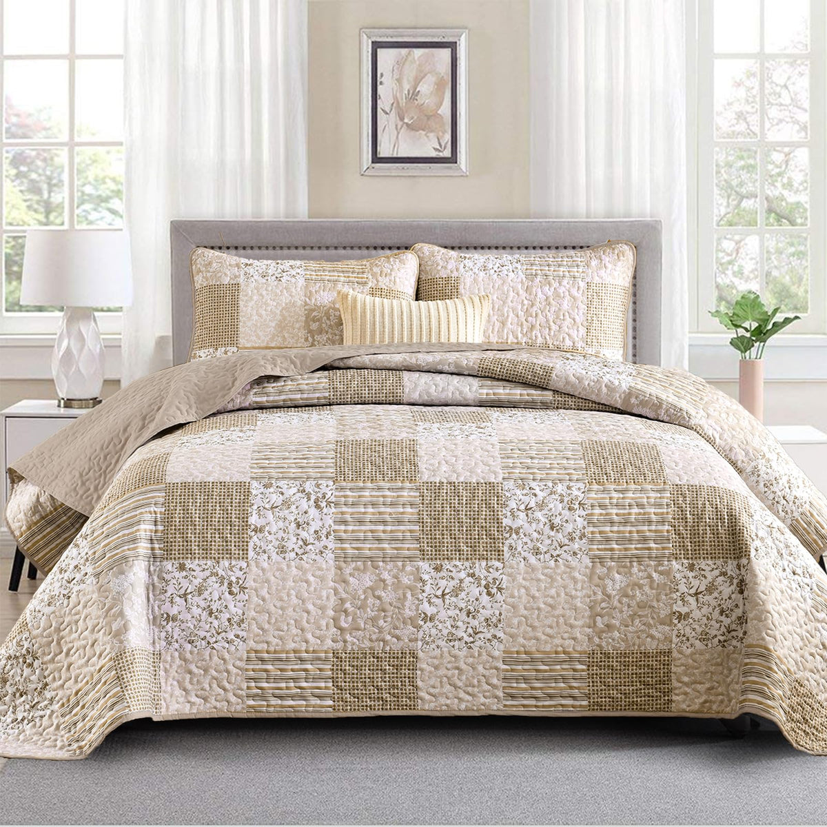 Mybedsoul Boho Quilts Queen Size, Patchwork Floral Bedding Set, Blue