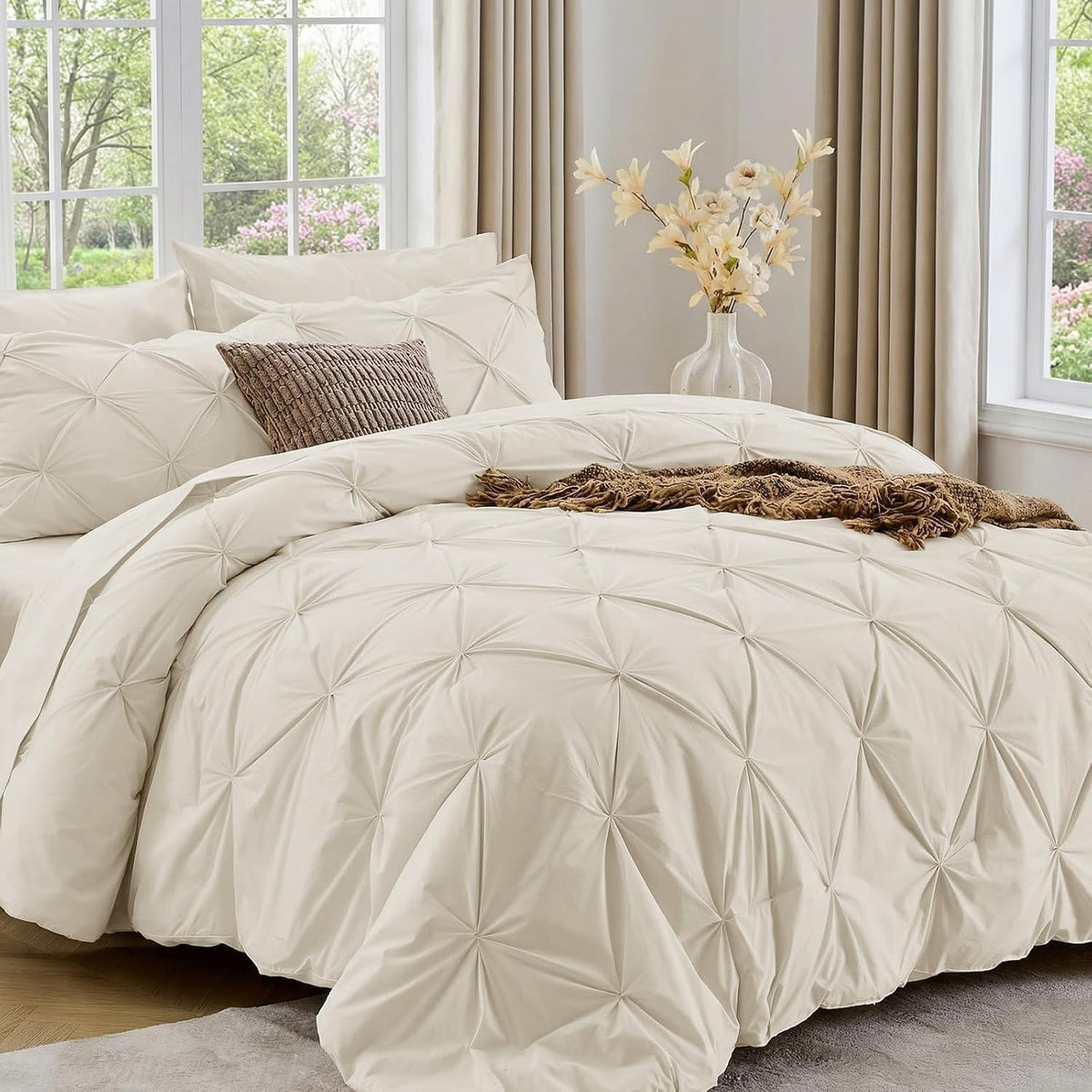 Sasttie Full Size Comforter Set, 7-Piece Bed in a Bag Double, Pintuck Bedding Set for All Season, Includes Comforter, Flat Sheet, Fitted Sheet, Pillowcases and Pillowshams, Beige