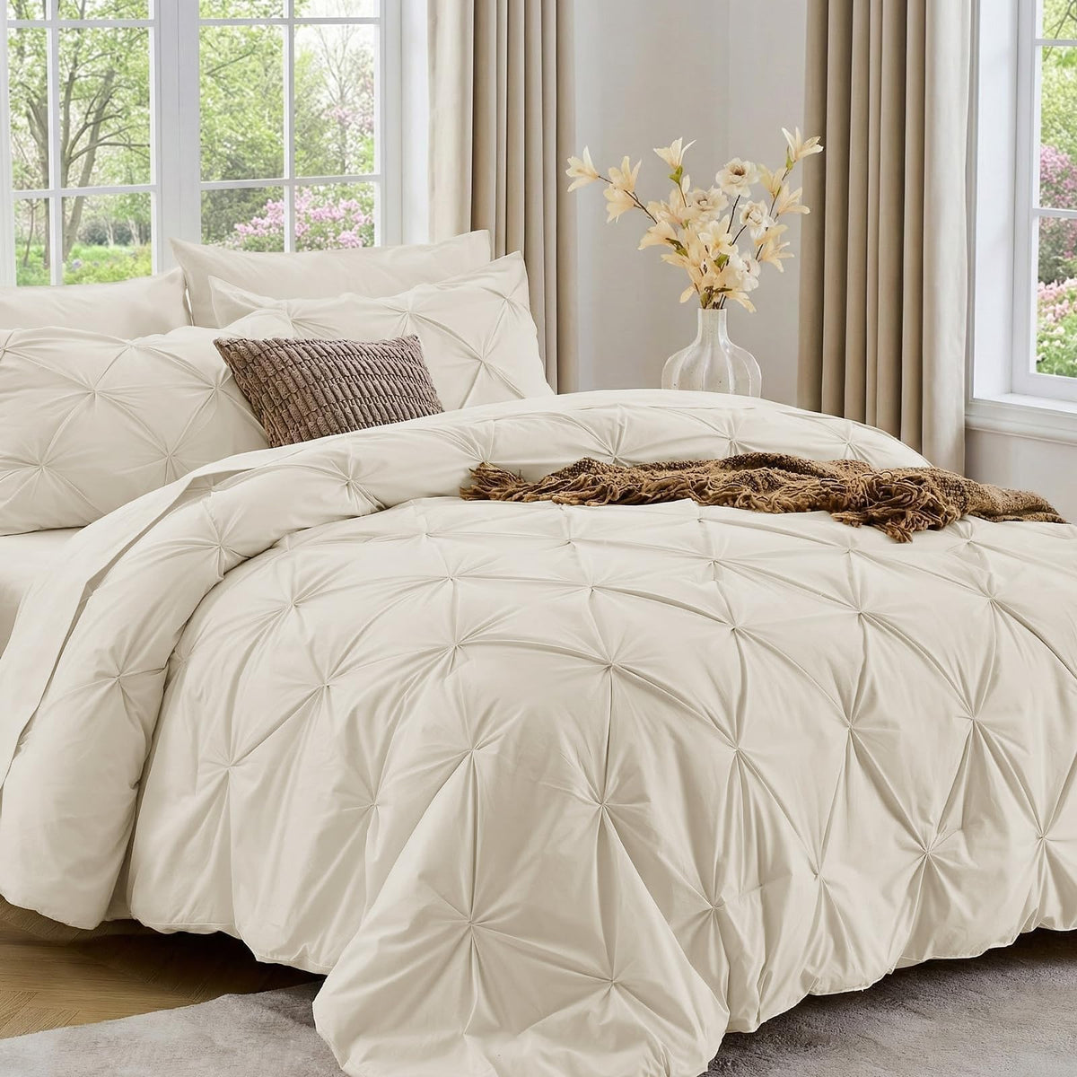 Sasttie Full Size Comforter Set, 7-Piece Bed in a Bag Double, Pintuck Bedding Set for All Season, Includes Comforter, Flat Sheet, Fitted Sheet, Pillowcases and Pillowshams, Beige