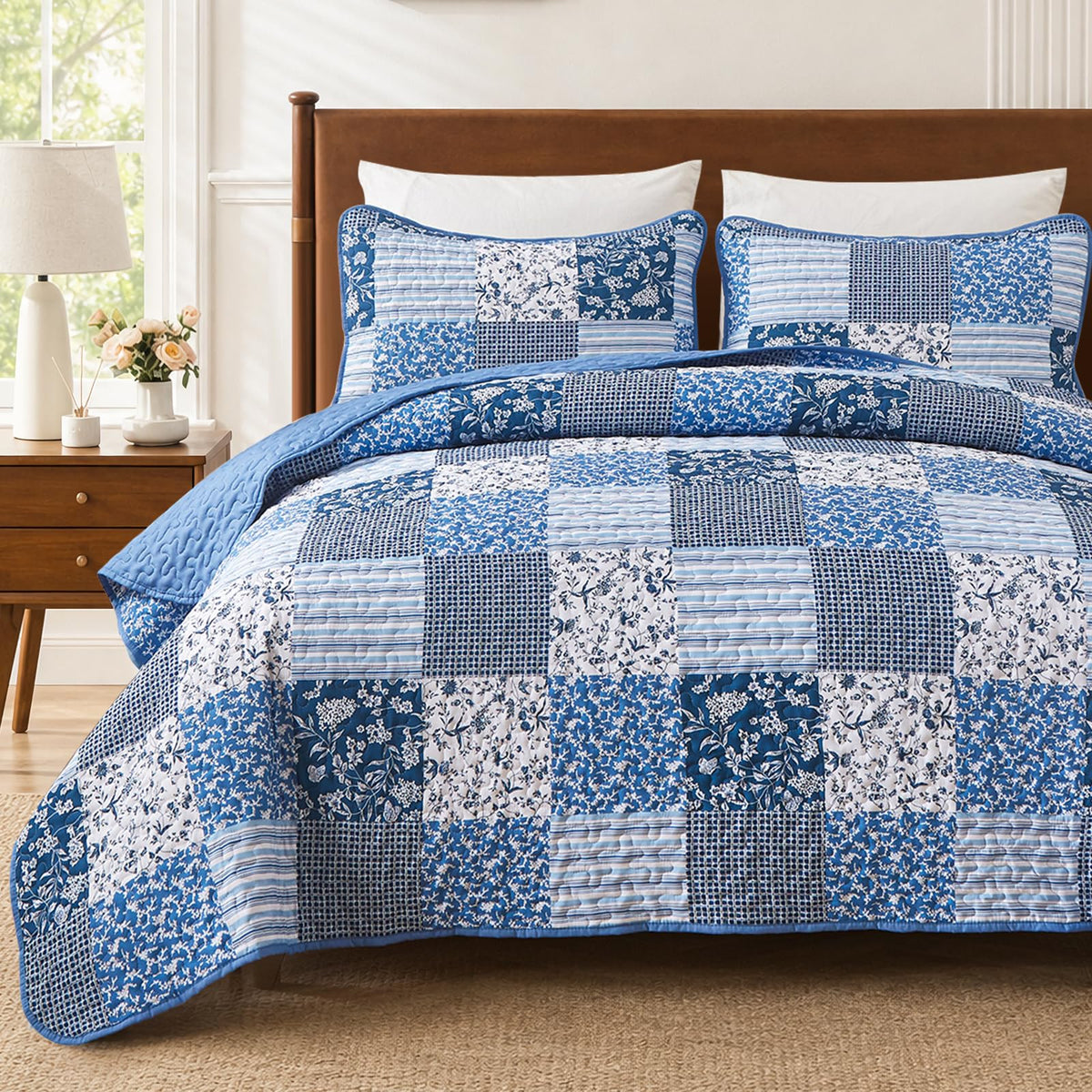 Mybedsoul Boho Quilts Queen Size, Patchwork Floral Bedding Set, Blue