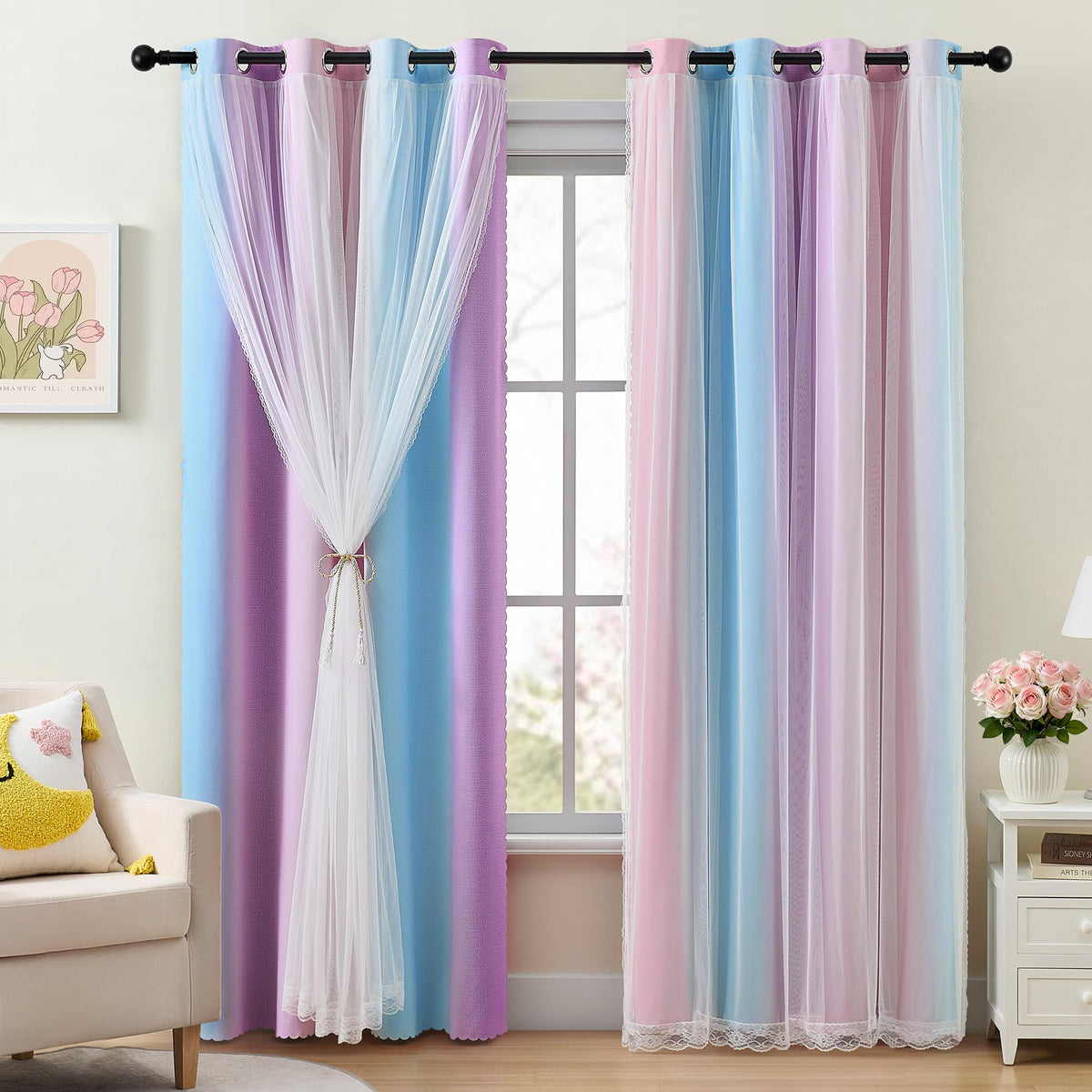 XiDi Blackout Curtains for Girls Bedroom Decor Pink Kids Rainbow Curtains