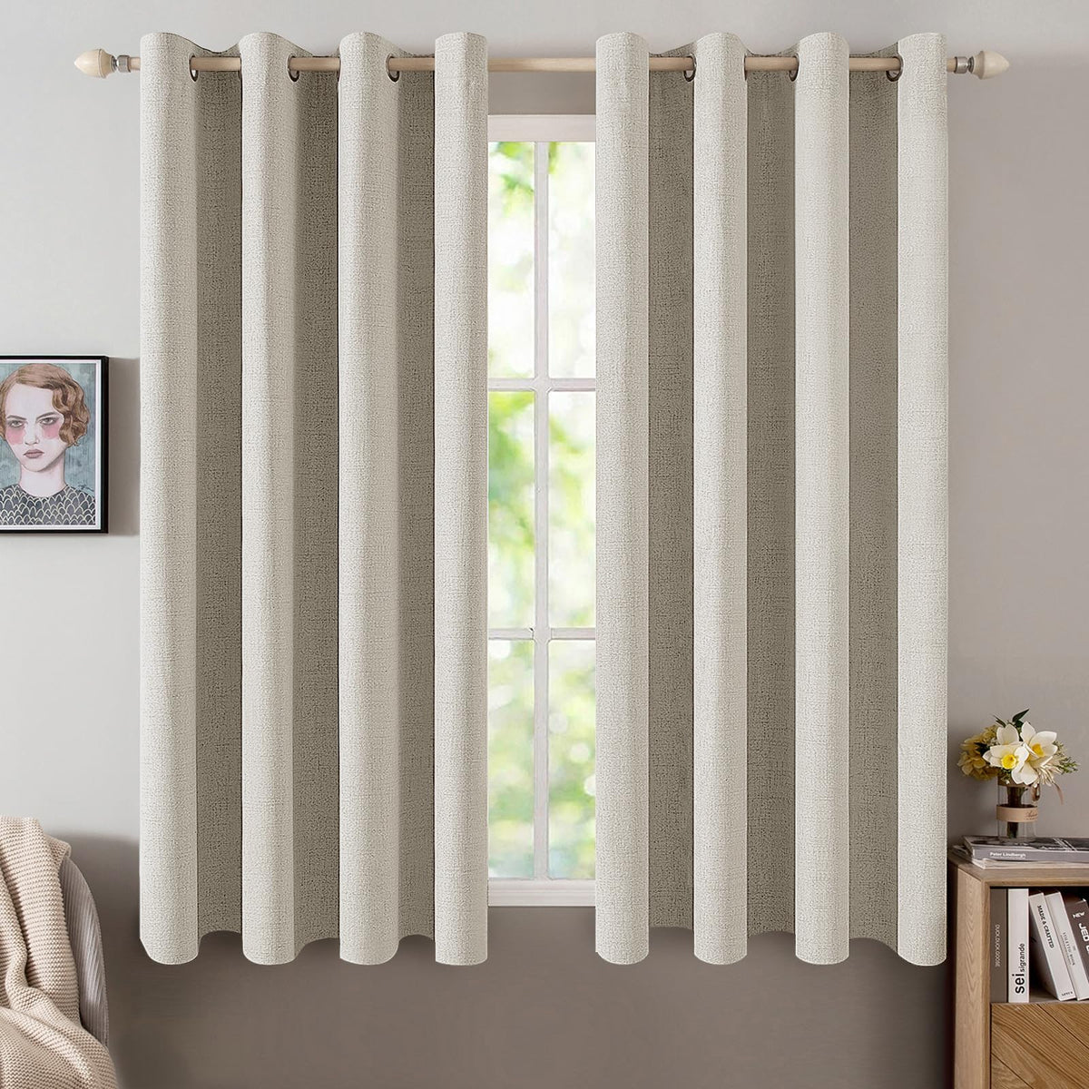 MIULEE 100% Blackout Linen Curtains for Bedroom 52x84 Inches Natural Beige