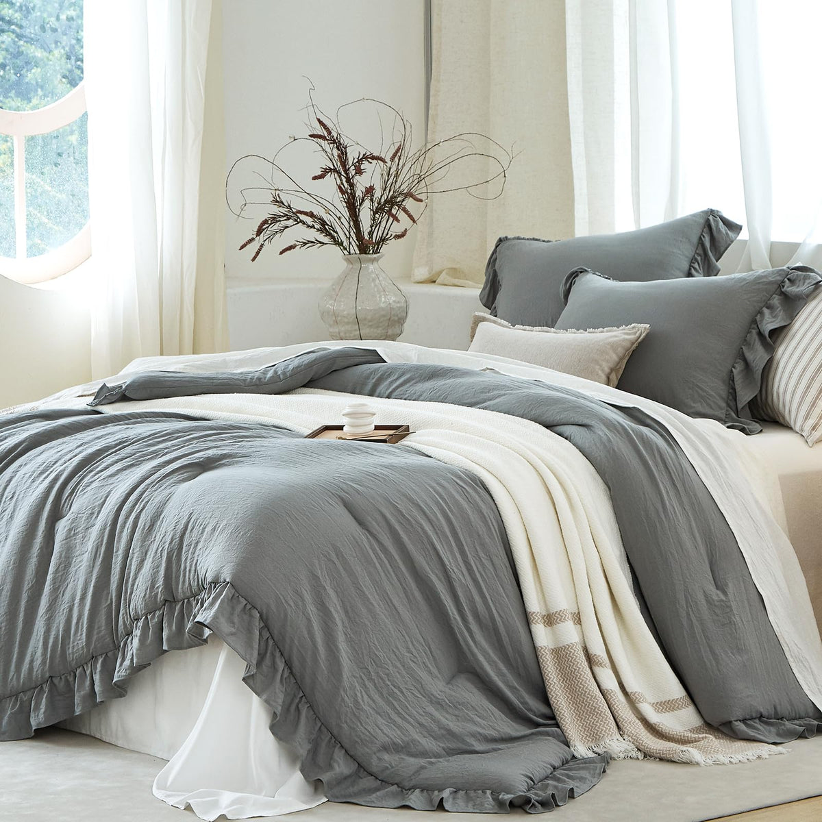 Sage Green Ruffle 3 Pieces Comforter Queen Shabby Chic Bedding