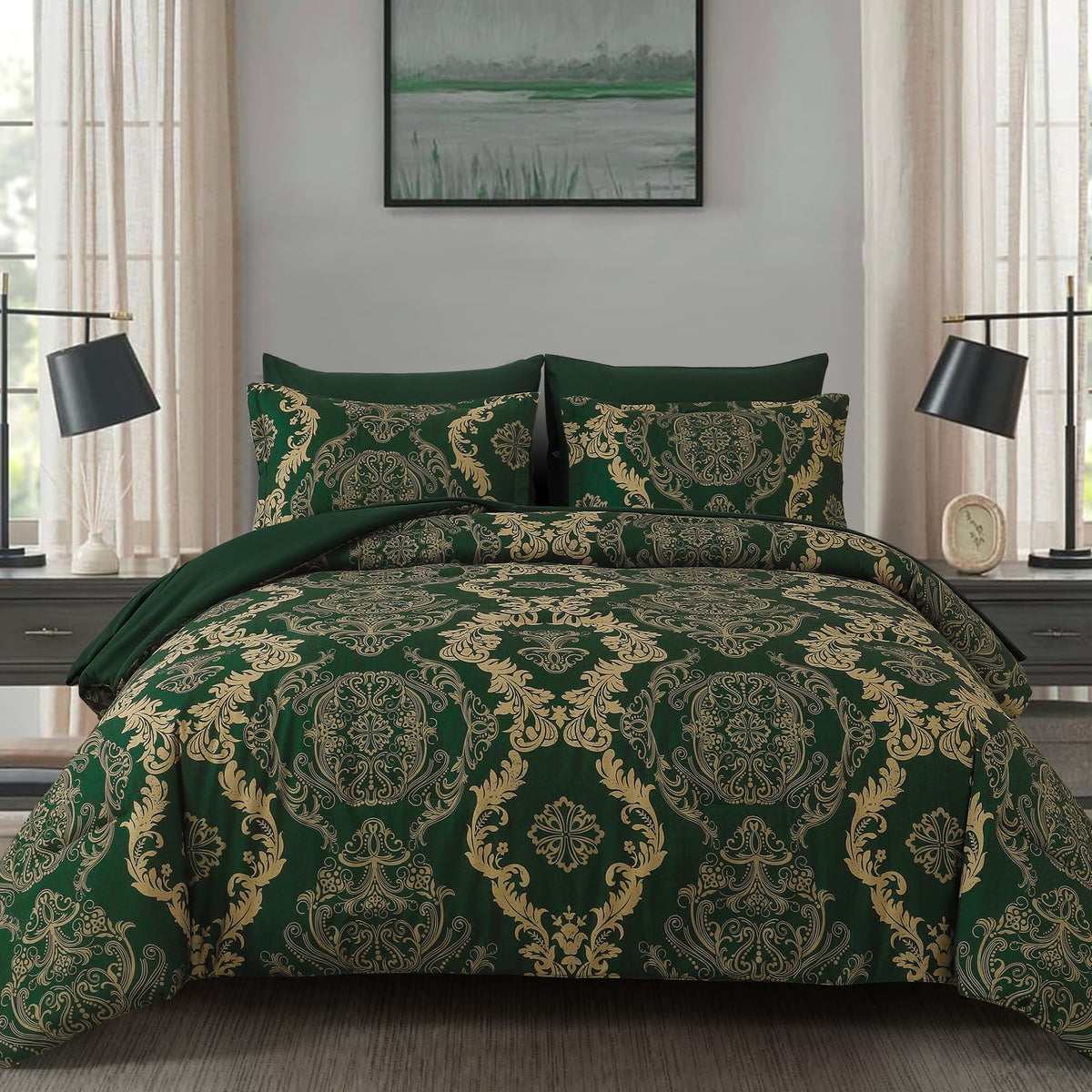 WONGS BEDDING Black Comforter Set Queen Size, Gold Damask Texture 7 Pieces Bed in a Bag Microfiber Comforter Bedding Sets -1 Comforter, 1 Flat Sheet, 1 Fitted Sheet, 2 Pillow Shams, 2 Pillowcases