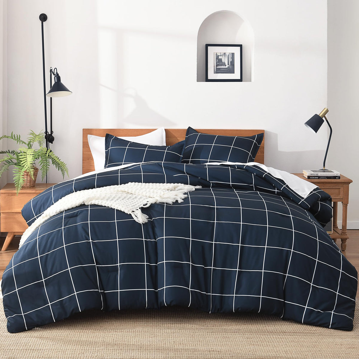 Andency Tan Gingham Comforter Set Twin, Brown Checkered Grid Plaid Bedding