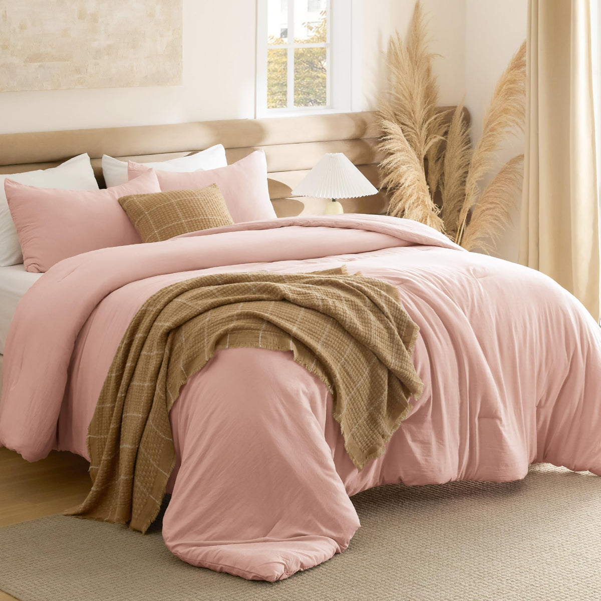 Bedsure Queen Comforter Set Prewashed Soft Bedding Set 3Pcs Beige 90"x90"