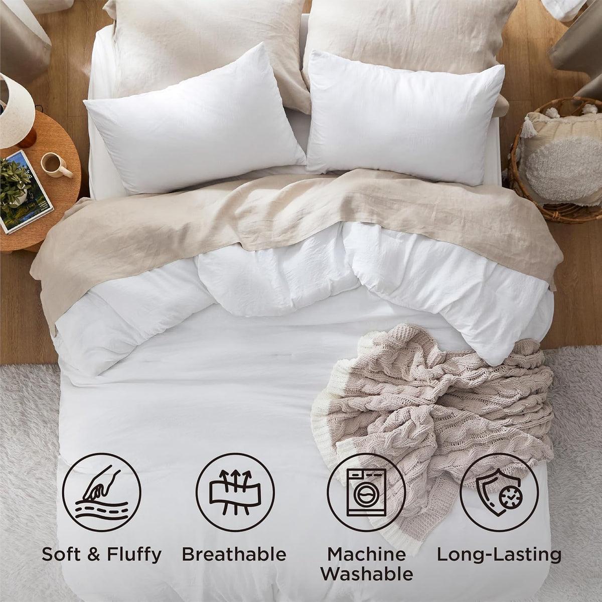 Bedsure Queen Comforter Set Prewashed Soft Bedding Set 3Pcs White 90"x90"