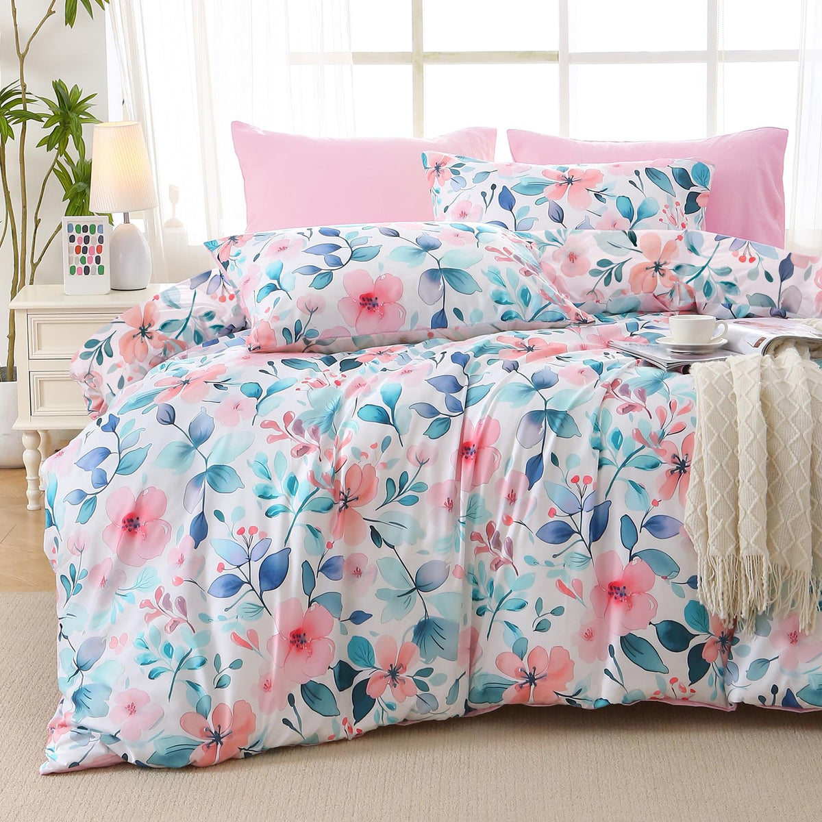 MUXHOMO Queen Comforter Set, 7-Piece Floral Bed in a Bag, Sage Green