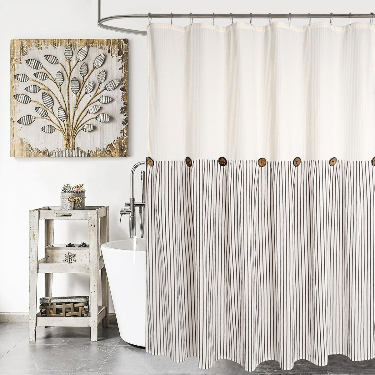 DOSLY IDÉES Farmhouse Shower Curtain,Beige and Gray Stripe,Button Curtain,Linen and Cotton Woven Fabric,Rustic Charm Country Chic Style,72x72 in
