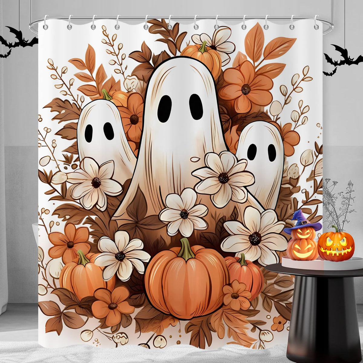 Halloween Shower Curtain, Black and White Funny Ghosts Icons Spooky Cute Halloween Bathroom Curtain Waterproof Fabric Machine Washable with Hooks, 72" Wx72 L