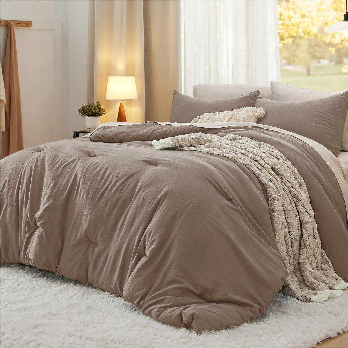 Bedsure Queen Comforter Set Prewashed Soft Bedding Set 3Pcs Cream 90"x90"
