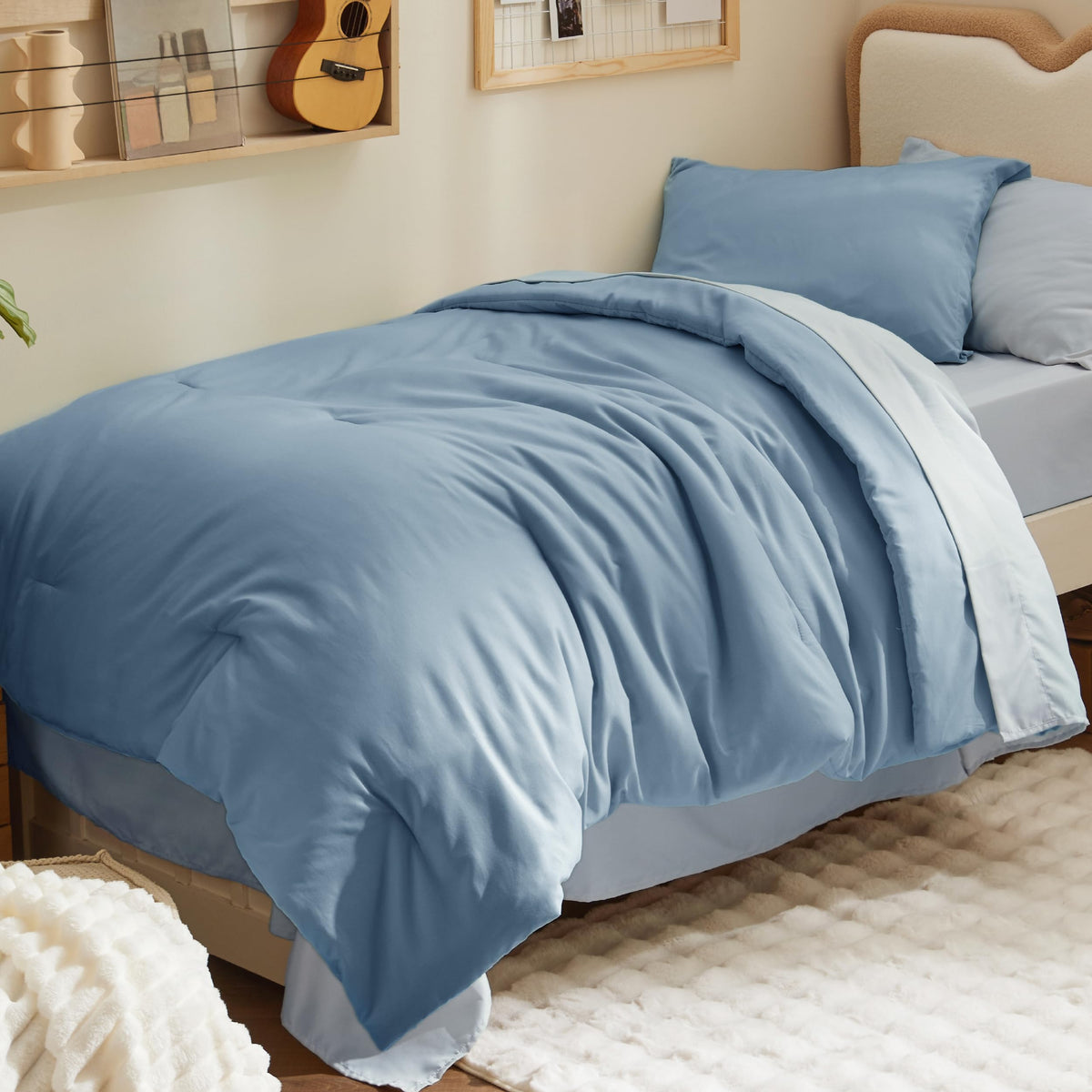 Bedsure Blue Bedding Set Queen Bed in a Bag Contrasting Bed 7 Pieces