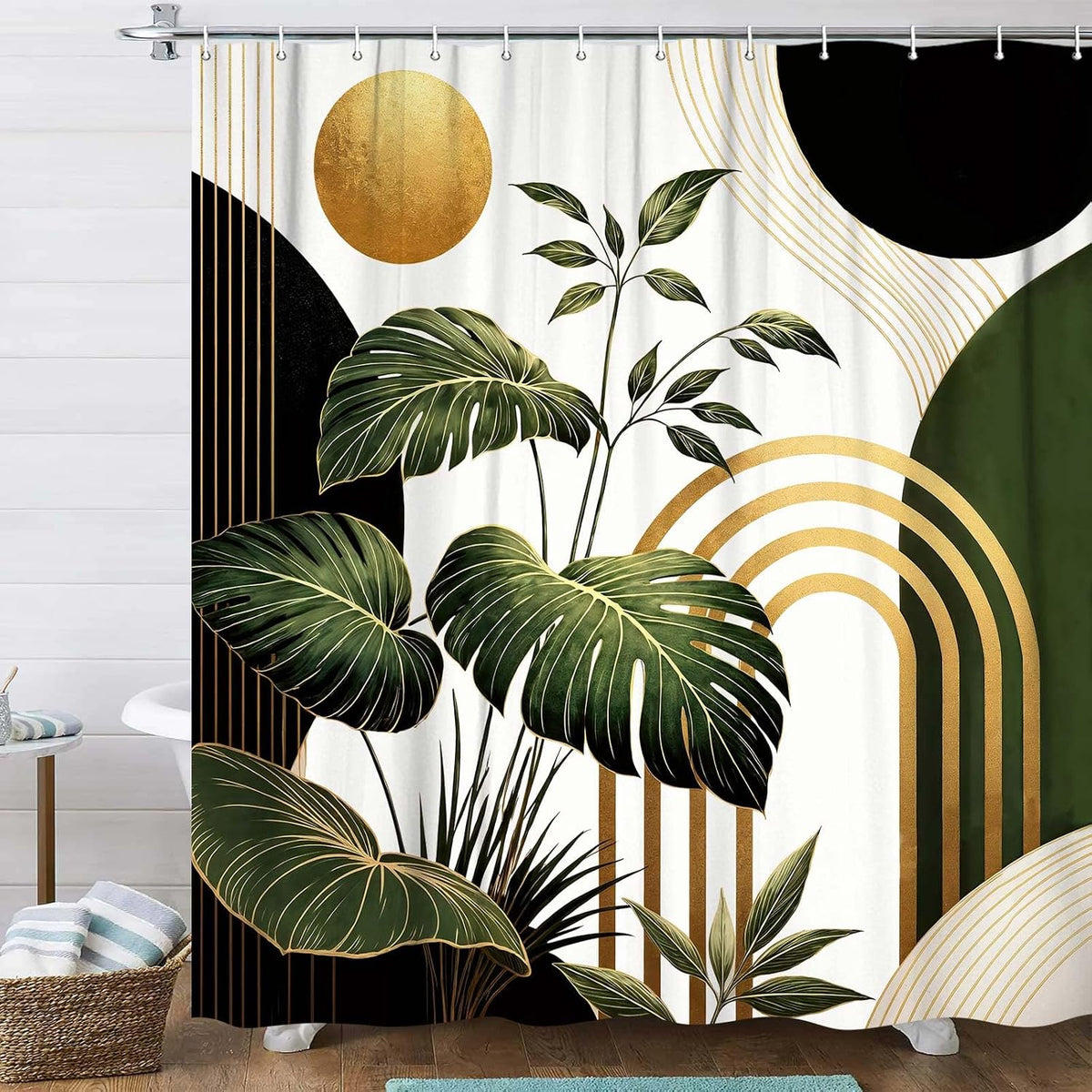 Bondjos Abstract Geometric Botanical Shower Curtain Mid Century Boho Tropical Gold Geometric Monstera Leaf Modern Minimalist Bathroom Curtain Modern Aesthetic Bath Accessories Art Home Decor