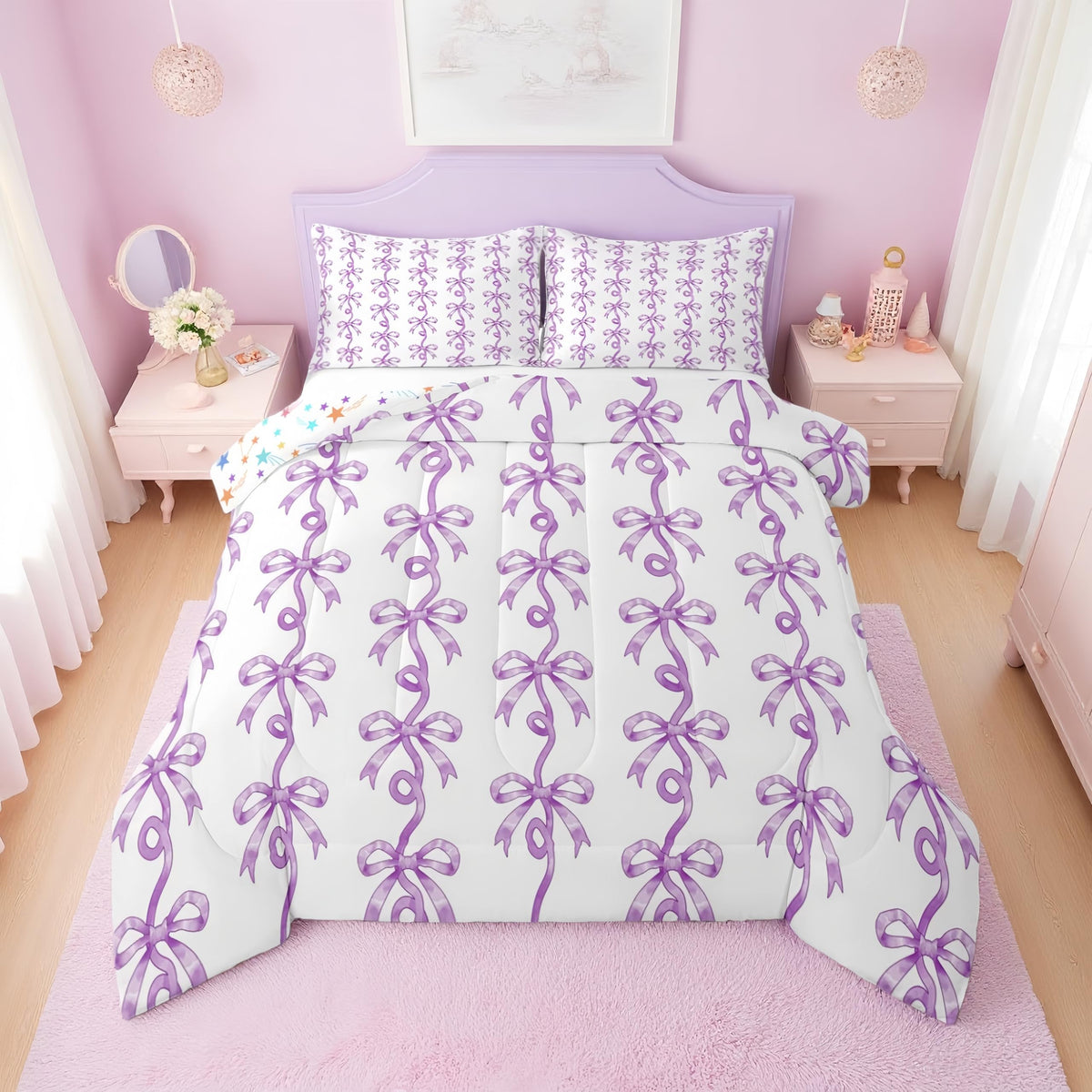 Erosebridal Cute Pink Bow Twin Bedding Set for Girls,Ribbon Bow Knot Comforter Set for Kids Kawaii Room Decor,Princess Bowknot Bed Set Girly Pink Bows Bedding Comforter Sets,1 Pillowcase