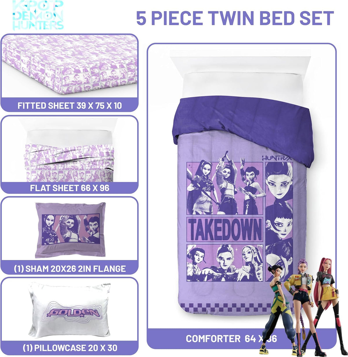 KPOP Demon Hunters Twin Comforter Set 5 Piece Kids Cartoon Bedding, Purple