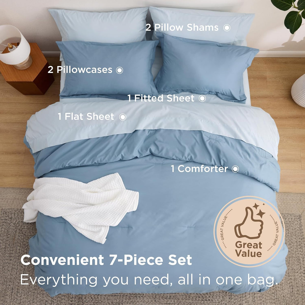 Bedsure Blue Bedding Set Queen Bed in a Bag Contrasting Bed 7 Pieces