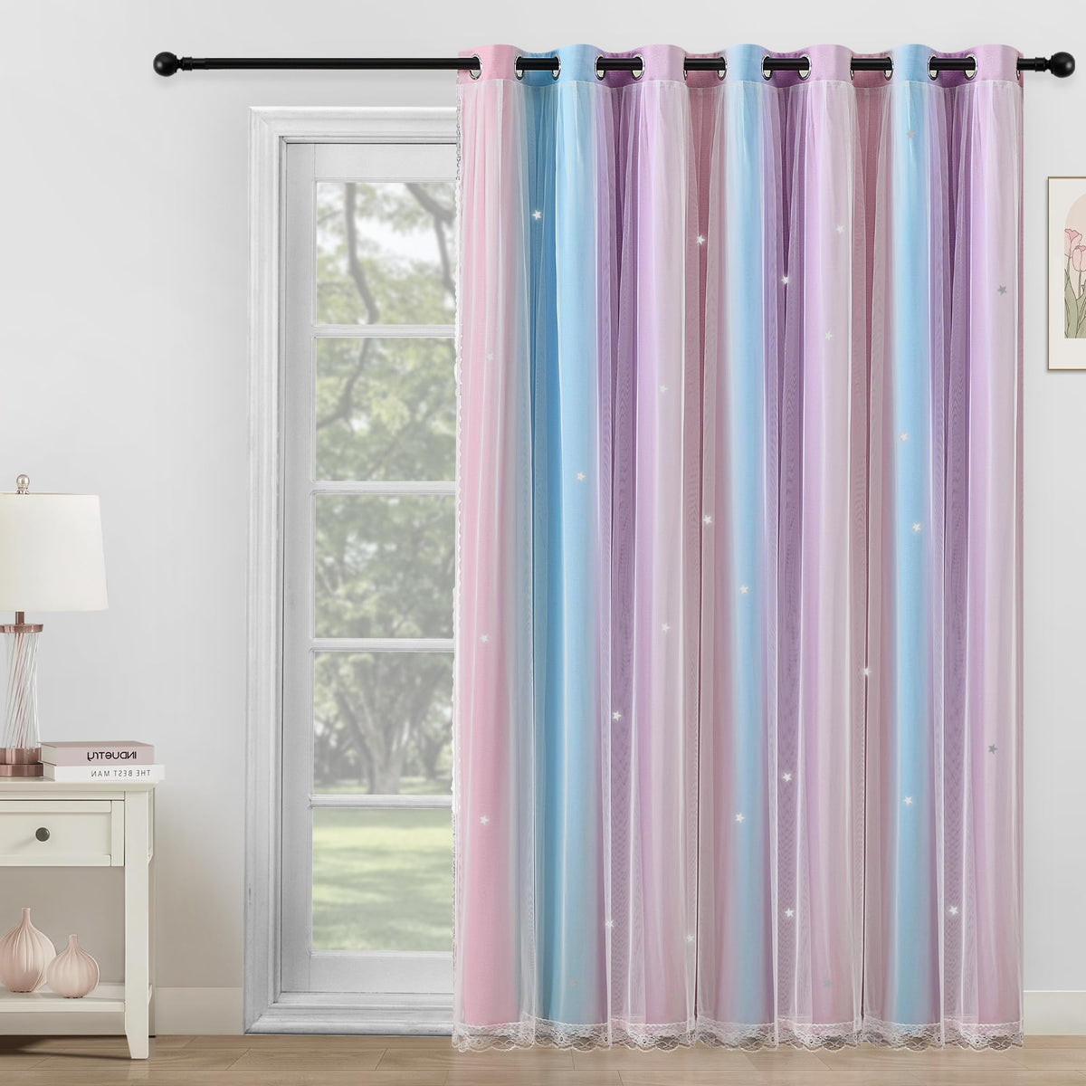XiDi Blackout Curtains for Girls Bedroom Decor Pink Kids Rainbow Curtains