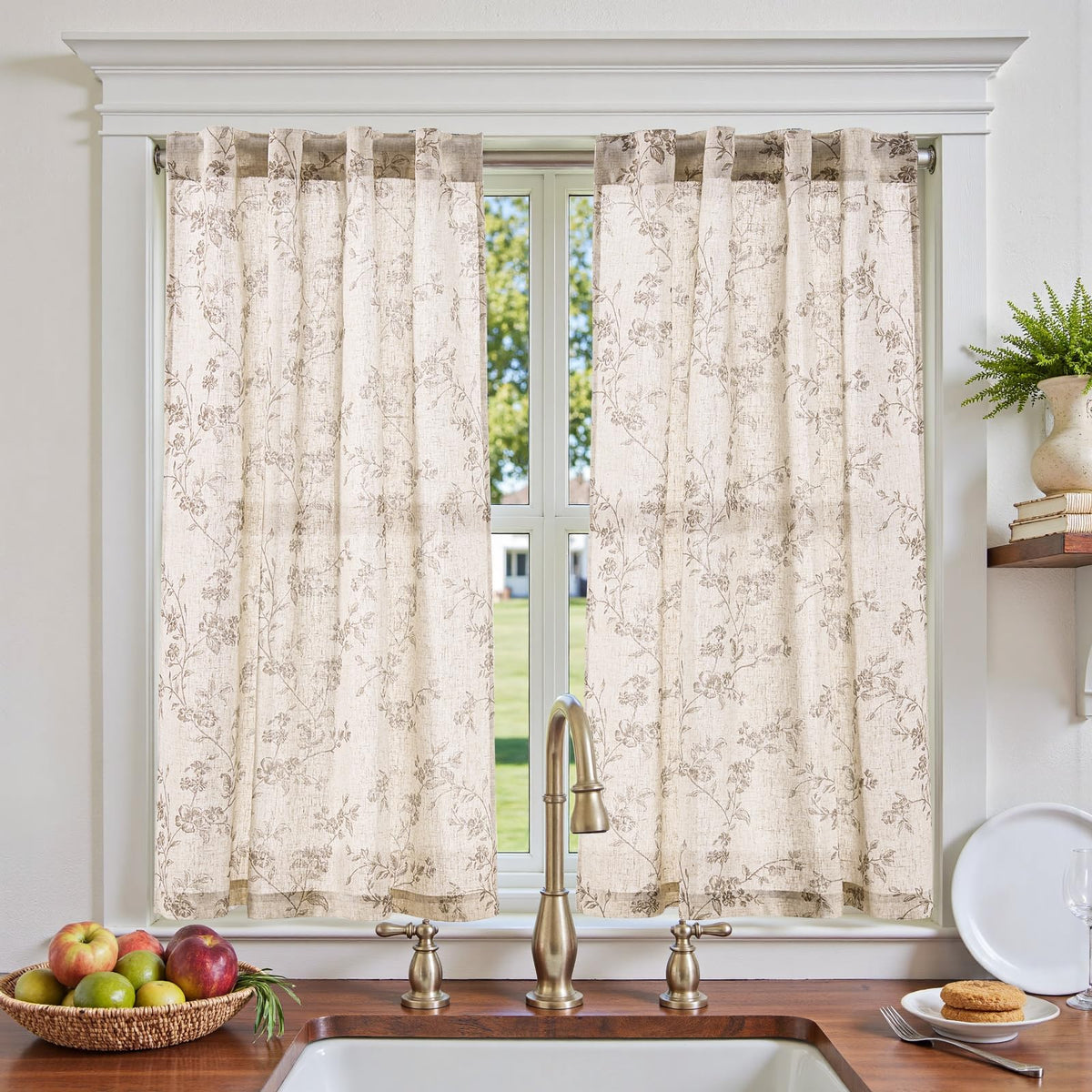 jinchan Floral Linen Kitchen Tier Curtains, 24 Inch, 2 Panels, Green