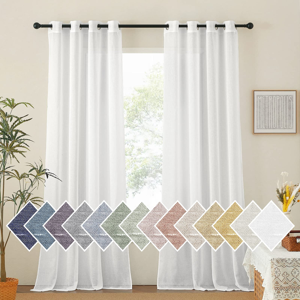 NICETOWN Semi Sheer Linen Ivory Curtains for Bedroom, W52xL84, 2 Panels